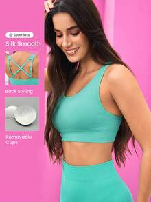 Gameset SHEIN Sport Women's Solid Color Wireless Criss-Cross Back Sports Bra - Green - View 1