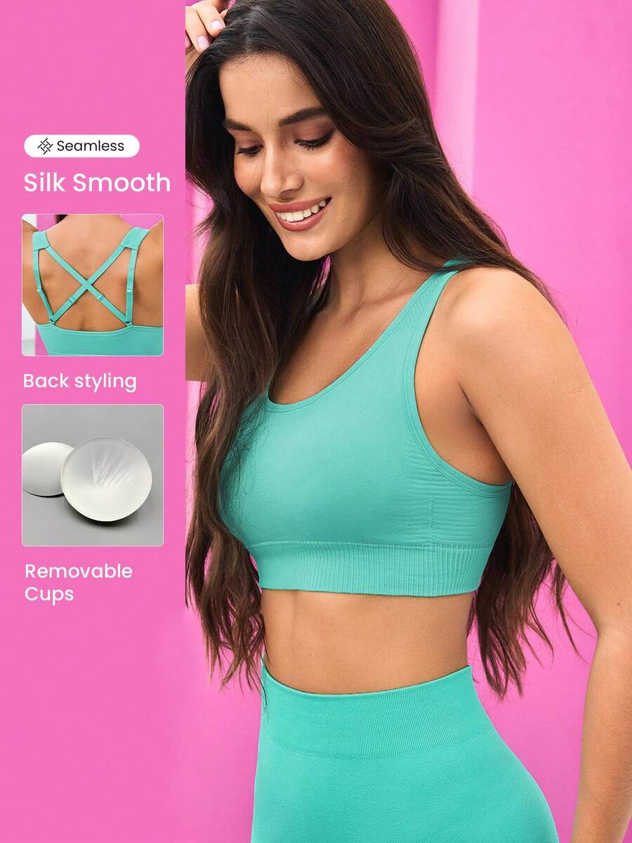 Gameset SHEIN Sport Women's Solid Color Wireless Criss-Cross Back Sports Bra - Green - View 1