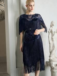 Anewsta 女士时尚新款热销重工串珠拼接流苏优雅派对晚礼服 - 藏蓝色 - 查看 3