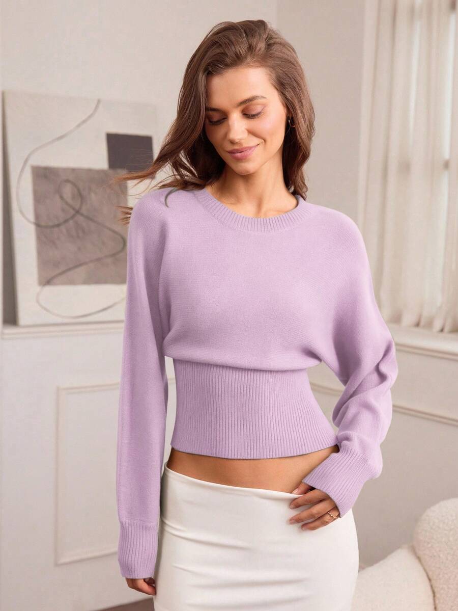 Hanevo Casual Round Neck Drawstring Waist Slim Fit Solid Color Knit Sweater, Versatile For Autumn/Winter - Mauve Purple - View 1