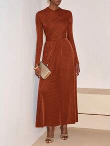 Zivah 2025秋季新款音乐节及毕业典礼休闲优雅交叉领长袖A字连衣裙，适合日常穿着、海滩、度假、日光浴、派对等场合。 - 紅木色 - 查看 7