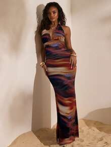 Opulessa Knitted Mesh Printed Halter Dress For Women, Suitable For Spring/Summer Vacation - Multicolor - View 5