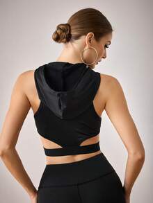 Menodora SHEIN Sport Cut Out Waist Hooded Crop Sports Bras - Black - View 2