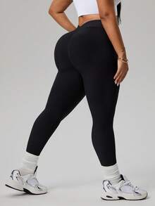 SHEIN Dewbera Women's Ribbed V-Neck Hollow Waist Tights Leggings, Suitable For Sports, Casual, Daily Wear, Running, Yoga, Plus Size Curve Plus Activewear Curve Athleisure Plus Size Gym Wear Gym Clothes Women Plus Size Athleisure Plus Size Activewear - Black - View 2