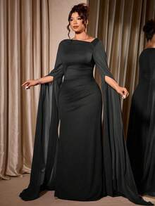 Elenzga Đầm dài tay xẻ tà, vai chéo, ôm sát, thanh lịch dành cho nữ cỡ lớn, thích hợp cho Ngày Valentine. - màu đen - Xem 5