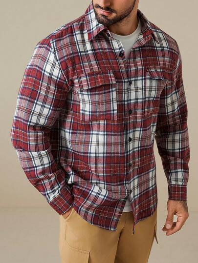 Manfinity Nomadique Men's Plaid Simple Casual Long Sleeve Shirt Flannels For Men Mens Plaid Men Red White And Blue Shirt Western Shirt For Men Mens Country Shirts
