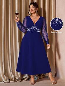 Cravure 大码女士奢华派对礼服，甜心领口透视闪亮长袖修身连衣裙，秋冬款 - 藍色 - 查看 1