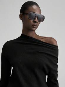 Ontre Women's Fitted Asymmetrical Shoulder Sweater, Minimalist Elegant Chic Business Casual Wear, Suitable For Commuting, Office, Teacher, Spring/Summer - Black - View 6