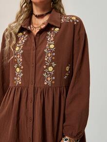 Freevana Women's Floral Embroidered Long Sleeve Single-Breasted Casual Shirt Dress Brown Dress Women Coffee Brown Dress - Brown - View 1