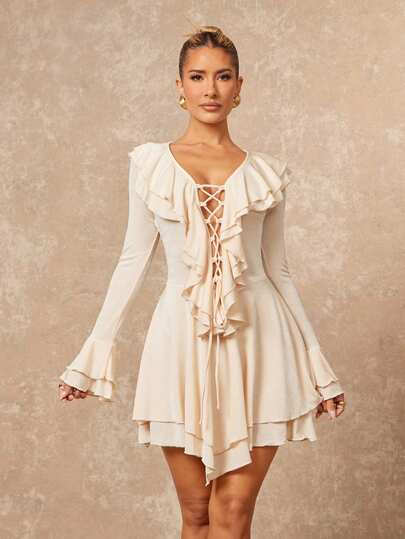 Lumalex VITNOS Women's Elegant Sexy Apricot Double-Layer Ruffle Collar Bowknot Design Fitted Long Sleeves Mini Dress, Spring/Autumn, Valentine's Day Dress, Holiday Dress, Vacation Holiday Season Special Outfits, Elegant Dress For Parties, Fall Spring Dresses For Women, Formal Dress, Glamour Elegant Dress, Fall New Style Women, Luxury Dresses, Prom Gathering Party Banquet Modest Old Money Coquette Holiday Party Rave Festival Outing Vacation Hot Outdoor Richly Layered Wedding Season Banquet Christmas New Year Looks Of Party