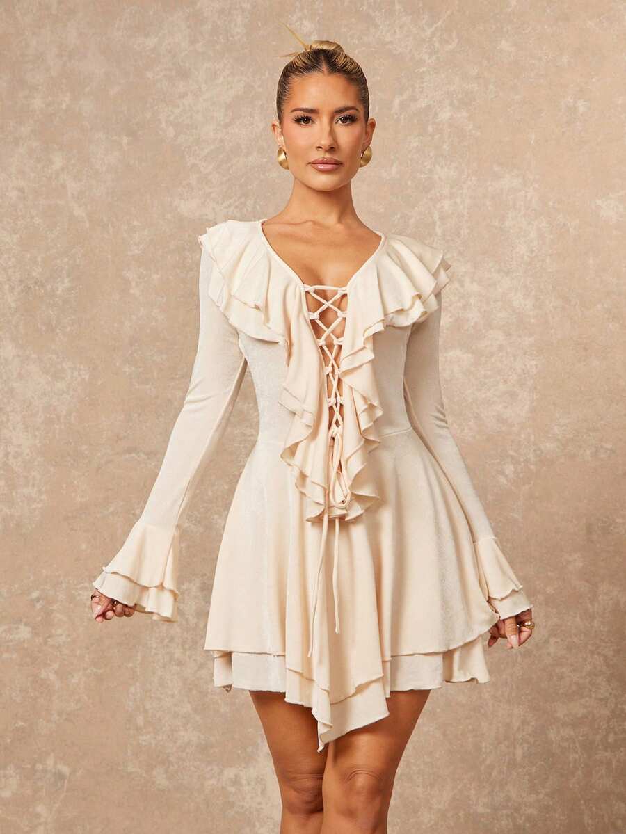 Lumalex Apricot Knitted Mini Dress For Women With Long Sleeves And Ruffle Details