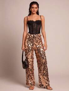 SHEIN Glamour 香槟色亮片直筒裤，优雅迷人，适合外出约会、圣诞节、新年夜、派对等场合，尽显女性优雅气质。 - 香檳色 - 查看 4