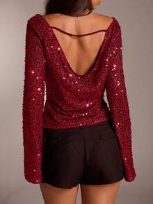 Avantive Women's Long Sleeve Backless Sequin Fashionable Plunging Neck Fitted Flare Sleeve Top Red Sequin Top Dark Red Top Sparkle Top Glittery Top - Red - View 4