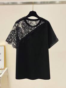 EMERY ROSE Camiseta casual de mujer de talla grande con parches de encaje, para uso diario y ocio - Negro - Ver 2