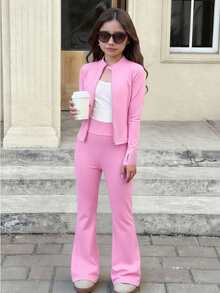 SHEIN Bộ đồ 2 món gồm áo thun dài tay màu hồng trơn đơn giản và quần ống loe cho bé gái tuổi teen, thích hợp mặc hàng ngày vào mùa thu/đông, mặc hàng ngày, Bộ quần nâu cho bé gái tuổi teen, Bộ quần hai món, Bộ quần ống loe màu hồng cho bé gái tuổi teen, Bộ đồ bộ quần dài cho bé gái tuổi teen, Bộ đồ thu đông gồm 2 món, Áo thun dài tay màu hồng trơn đơn giản và quần dài, Pint, Thích hợp mặc thường ngày & mặc hàng ngày & mặc đi học hàng ngày vào mùa hè & mùa thu - Hồng - Xem 7