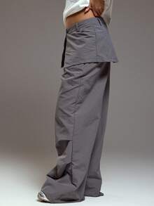 MUSERA Overlayered Wrap Skirt Detail Baggy Fit Trouser Winter Coolgirl Cosy Cute Outdoors Explorer Spring Y2k Pants - Grey - View 3