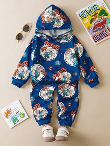 Nick 90s | SHEIN Baby Boy Cartoon Cool Little Boy Best Friend Graffiti Handpainted Allover Print Loose Fit Hooded Sweatshirt & Pants Set, Autumn/Winter - Blue - View 1