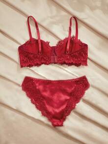 Charlaine Burgundy Balconette Bra Set,Summer Women's Lingerie With Steel Rings,Lift & Enhance,1/2 Cup,Lace Patchwork,Satin, French,Refined For Vacation - Burgundy - View 2