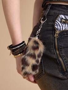 ROMWE Grunge Punk 1个Y2K复古可爱高品质棕色毛绒仿豹纹动物尾巴钥匙扣，时尚配饰，适合女性和女孩，绝佳礼物之选 - 棕色-41 - 查看 7