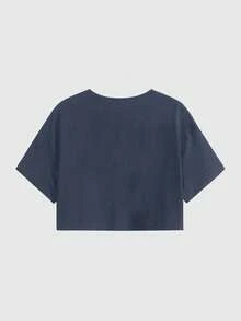 SNAP SUPPLY11 骷髅蝴蝶印花露脐圆领落肩短袖修身女式T恤 - 藏蓝色 - 查看 3