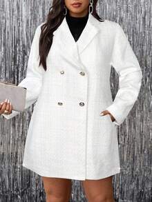 SHEIN Clasi Plus Size Button Decor Lapel Long Sleeve Woolen Coat In Fall/Winter - White - View 4