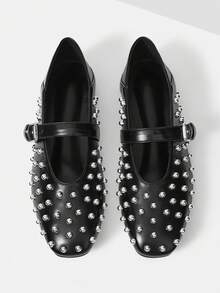 Mnmlis Nya snygga Mary Jane-balettskor, trendig nitspännedesign, bekväma och mångsidiga damskor - Svart - Visa 1