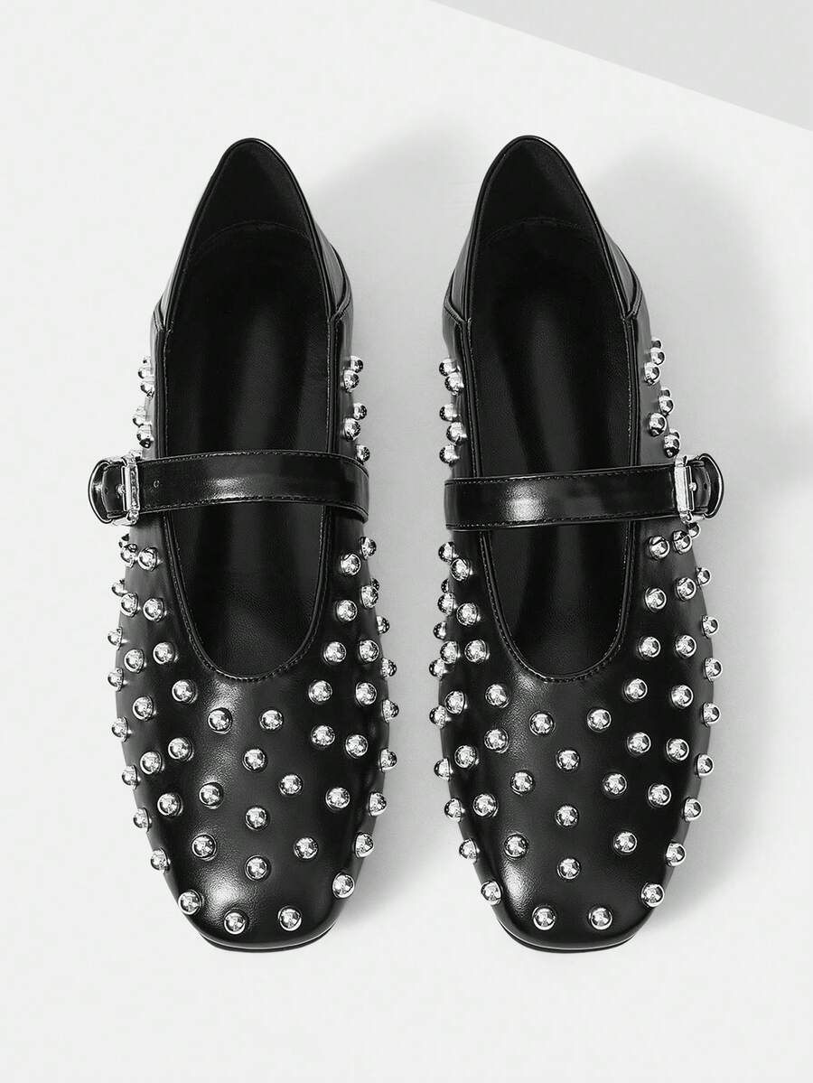 Mnmlis Nya snygga Mary Jane-balettskor, trendig nitspännedesign, bekväma och mångsidiga damskor - Svart - Visa 1