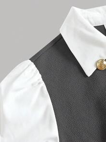 SHEIN Teen Girls Shirt Co-Ords Patchwork Double-Breasted Lapel Shirt & Solid Color Pants Casual Suit Set