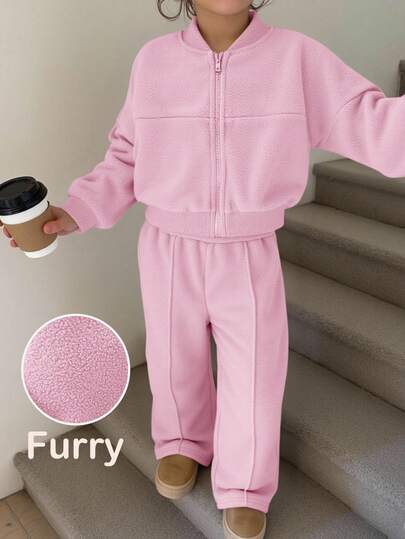 SHEIN Young Girls Casual Knit Fluffy Solid Color Stand Collar Long Sleeve Sweatshirt Sweatshirt Set, Suitable For Casual, Party, School, Autumn/Winter, Pink Two Piece Set Kids, Girls Comfy Set, Girl Sweat Suit Set
