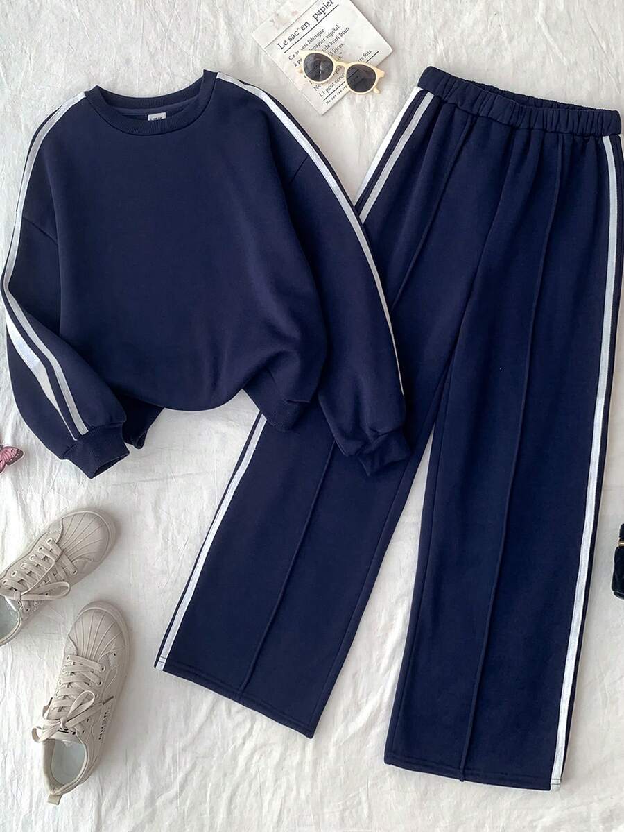 SHEIN 青少年女孩连帽衫和运动衫套装 - 藏蓝色 - 查看 1