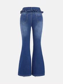 Tween Girls Dark Wash Denim Flare Jeans With Ruffle Waistband And Zipper Closure - Dark Wash - View 2