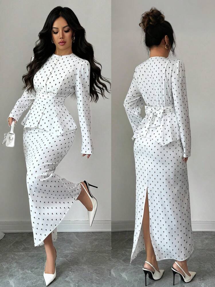 Rafferiza Conjunto de 2 piezas de blusa elegante con botones de perla + falda midi con abertura - Blanco - Añade 6