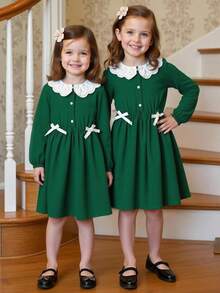 SHEIN Girls' Dark Green Long Dress,Elegant Birthday Party & School Autumn Casual Dress,Embroidered Peter Pan Collar,Waist Bow Accent,Soft & Comfortable - Green - View 4