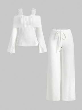 Kawaii 1 Set Women Shoulder Strap Lace Strap Ripped Sweater & Wide Leg Pants, Comfortable Casual Loungewear