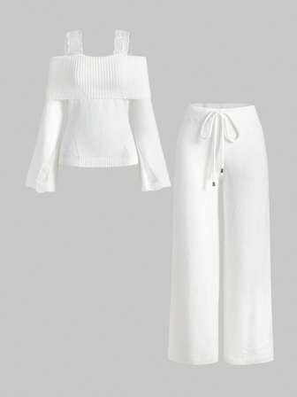 Kawaii 1 Conjunto de Mujer con Suéter Rasgado de Encaje en los Tirantes y Pantalones de Pierna Ancha, Ropa de Estar por Casa Cómoda y Casual