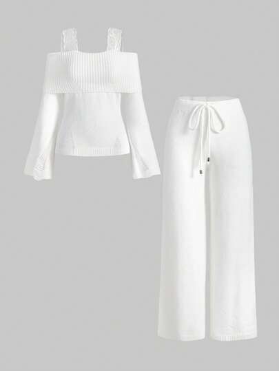 Kawaii 1 Set Donna Maglione con Spallina in Pizzo e Pantaloni Zampa d'Elefante, Comodo Abbigliamento Casual da Casa