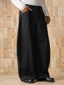 SWAVVY 男士时尚休闲宽松条纹刺绣长裤，秋季 - 黑色 - 查看 5