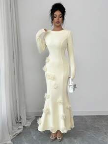 SHEIN Raffinéa 长袖花卉连衣裙，饰有3D羽毛，优雅长袖浅黄色连衣裙 - 鵝黃色 - 查看 6
