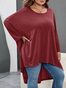 SHEIN CURVE+ 大码宽松蝙蝠袖下摆不对称前短后长T恤，圆领，纯色，弹力柔软，舒适百搭，时尚百搭，适合日常穿着，秋季女装，冬季，加大码/秋冬 - 中紫紅色 - 查看 6