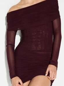 KIZN Off Shoulder Long Sleeve Mesh Corset Bodycon Mini Dress With Ruched Details For Party Evening Occasions - Red Violet - View 4