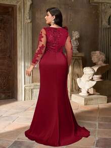 Aureia Gaun Pesta Formal Ukuran Besar Elegan Warna Burgundy, Gaun Pesta Musim Semi Leher Perahu Berhiaskan Manik-manik Bordir Taffeta Ruffle 3D Lengan Panjang Belahan Tinggi Transparan - Burgundy - View 2