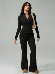 SHEIN Tall 女士秋冬街头休闲运动风基本款极简针织保暖/御寒/保暖四分之一拉链法式灰修身长袖高领T恤和喇叭裤两件套，带抓绒内衬 - 黑色 - 查看 6