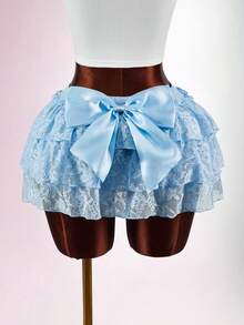 Amplova Women's Mini Skirt With Detachable Bow At Back, Super Low Waist Cute Solid Blue Sexy Ruffle Hem - Blue - View 2