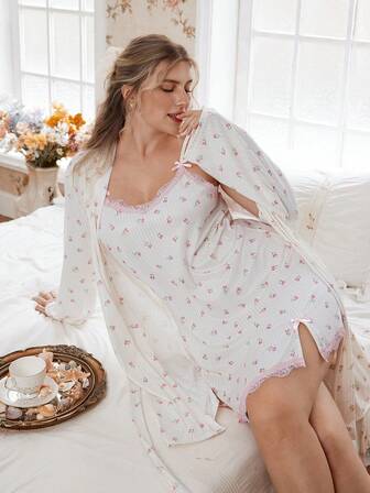 SHEIN Pijamale pentru femei de mărime mare, tricotate, cu nervuri, cu imprimeu floral, dulce, sexy, drăguț, romantic, cu bretele spaghete, din dantelă, cu fundă roz, rochie și halat cu mânecă lungă, de iarnă