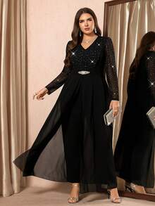 Gownix Curvy Plus-Size Women's Romantic And Elegant Party Jumpsuit, Black V-Neck With Sheer, Shimmering Silver-Stamped Mesh, Lantern Sleeves, Fitted Waist, Cape Style, Long Length, Made Of High-Quality, High-Elasticity Knit Fabric,Formal Jumpsuits For Women, New Year Women's Clothes , New Year Look , Elegant Dresses For Party , Curvy Party Dresses,Going Out ,Graduation Dress For Women ,Long Graduation Dress , Elegant Long Ball Gown , Prom Dresses For Women , Formal Ball Gowns For Women , Prom Dress Plus Size,Sparkly Dress ,Sequin Dress,Night Out,Date Night Outfits Women,Mother Of The Bride Dresses For Wedding,Formal Dresses For Women ,Luxury Dress,Chic Evening Dress ,Black Formal Dress For Women/Winter,Christmas And New Year,Party,2025 New,Elegant Party Dress,Women's Formal Wear ,Christmas,New Year,Hanksgiving Outfit For Women,Elegant Dresses For Women, Stylish Clothing Collection Valentine's Day Outfit - Black - View 5
