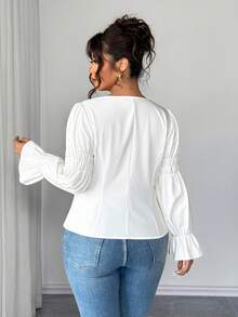 Elenzga 大码女士优雅翻领收腰长袖衬衫，适合外出和返校季，秋冬季 - 白色 - 查看 2