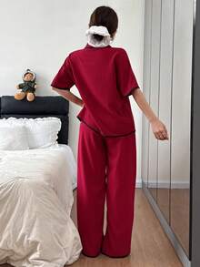 SHEIN 撞色翻领休闲宽松短袖睡衣套装 - 酒紅色 - 查看 2