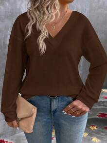 EMERY ROSE V领新款时尚休闲长袖华夫格纹加大码T恤，咖啡棕色 - 咖啡棕 - 查看 4