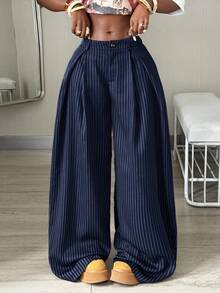 Coolane Women's Fall/Winter Cool Girl Vintage Casual Streetwear Going Out Oversized Brown Curved Hem Pants Pants Striped Blue Cargo Pants - Navy Blue - View 3