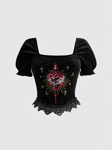 ROMWE Gothic Dark Romantic Palace Heart Embroidery Velvet & Contrast Lace Sexy Cropped Shoulder Sleeve Top For Women - Black - View 1